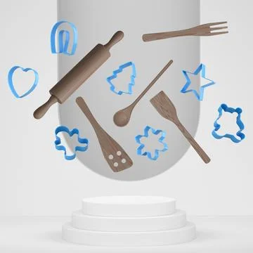 Set of baking bowl, cookie cutters, and wooden kitchen utensils suspended mid Stockillustratie