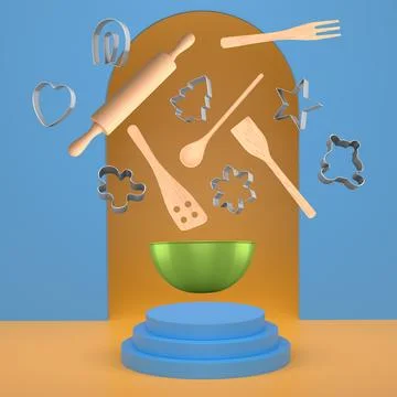 Set of baking bowl, cookie cutters, and wooden kitchen utensils suspended m.. Stock Illustration