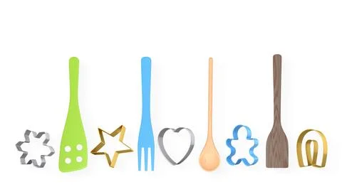 Set of baking utensils, and cookie cutters isolated on white background, concept Stock Illustration