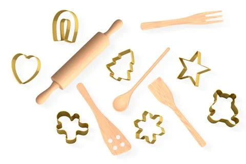 Set of baking utensils, and cookie cutters isolated on white background, co.. Stock Illustration