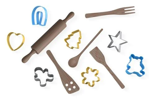 Set of baking utensils, and cookie cutters isolated on white background, conc Stock Illustration