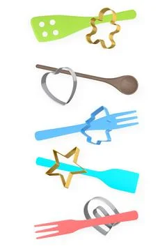 Set of baking utensils, and cookie cutters isolated on white background, conc Stock Illustration