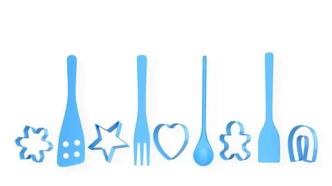 Set of baking utensils, and cookie cutters isolated on white background, co.. Stock Illustration