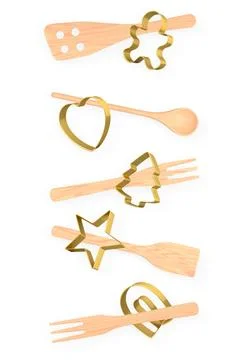 Set of baking utensils, and cookie cutters isolated on white background, conc Stock Illustration