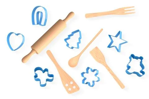 Set of baking utensils, and cookie cutters isolated on white background, co.. Stock Illustration