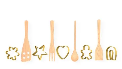 Set of baking utensils, and cookie cutters isolated on white background, co.. Stock Illustration