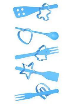 Set of baking utensils, and cookie cutters isolated on white background, conc Stock Illustration