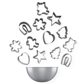 Set of baking utensils, cookie cutters, and mixing bowl isolated on white Stock Illustration