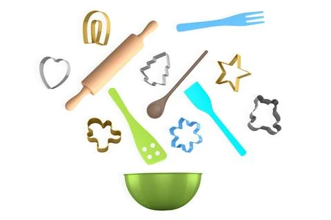 Set of baking utensils, cookie cutters, and mixing bowl isolated on white Stock Illustration