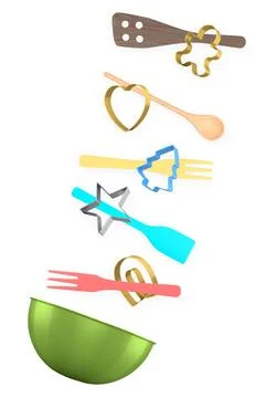 Set of baking utensils, cookie cutters, and mixing bowl isolated on white b.. Stock Illustration