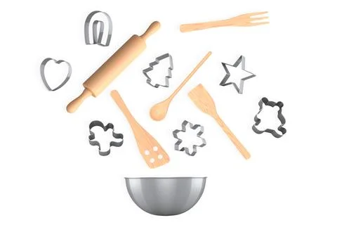 Set of baking utensils, cookie cutters, and mixing bowl isolated on white bac Stock Illustration