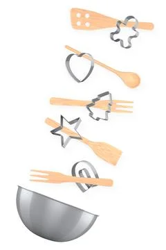 Set of baking utensils, cookie cutters, and mixing bowl isolated on white Stock Illustration