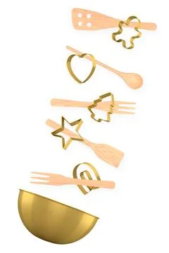 Set of baking utensils, cookie cutters, and mixing bowl isolated on white b.. Stock Illustration