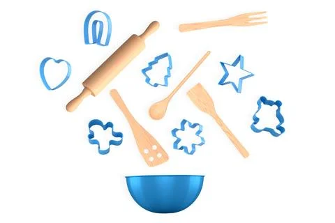 Set of baking utensils, cookie cutters, and mixing bowl isolated on white b.. Stock Photos