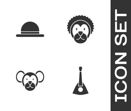 Set Balalaika, Clown hat, Monkey and Wild lion icon. Vector Stockillustratie