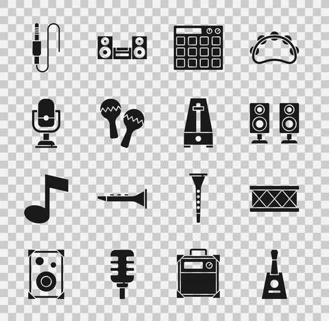 Set Balalaika, Drum, Stereo speaker, machine, Maracas, Microphone, Audio jack Illustrazione stock