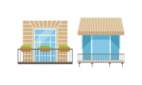 Set of Balcony Windows, Modern and Retro House Facade Design Elements Vector Illustrazione stock