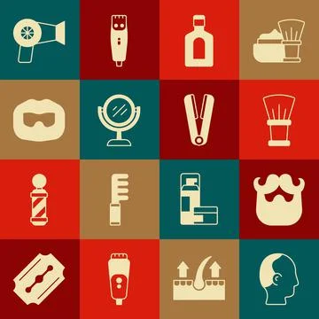 Set Baldness, Mustache and beard, Shaving brush, Bottle of shampoo, Hand mirror Stock Illustration