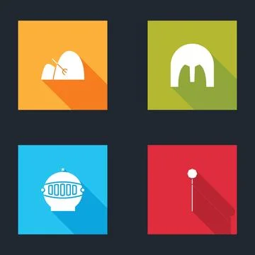 Set Bale of hay and rake, Medieval iron helmet,  and chained mace ball icon.  Stock Illustration