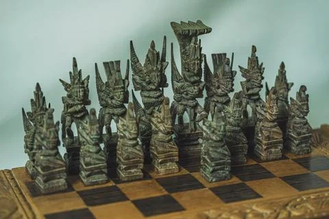 A set of Balinese chess from a close up, side view. Stock Photos