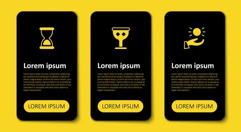 Set Ball levitating above hand, Medieval goblet and Old hourglass. Business Ilustração Stock