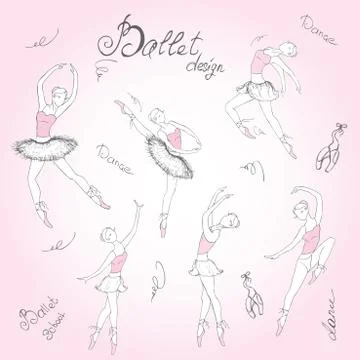 Set ballet dancers, hand drawn background, vector illustration. Stock Illustration