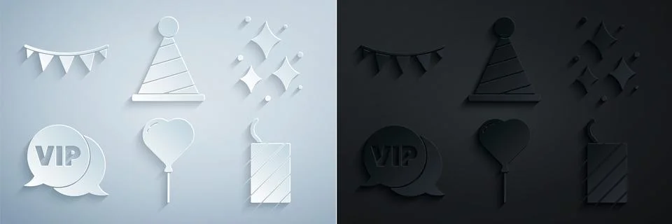Set Balloon in form of heart, Firework, Vip speech bubble, rocket, Party hat and Stock Illustration