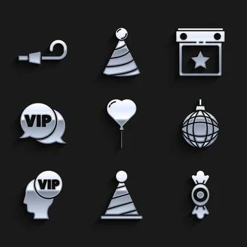 Set Balloon in form of heart Party hat Candy Disco ball Vip inside head speec Stock Illustration