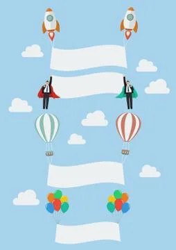 Set of balloon rocket and the flying businessman Stock Illustration