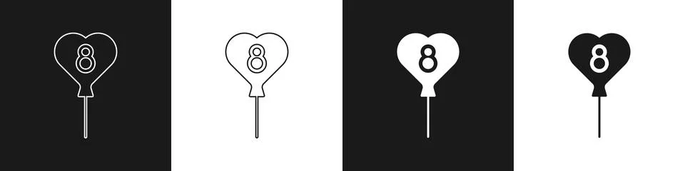 Set Balloons with 8 March icon isolated on black and white background.  Vecto Stock Illustration