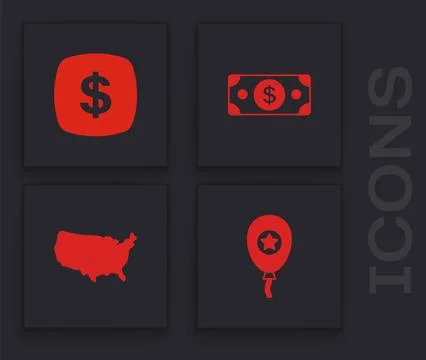 Set Balloons, Dollar symbol, Stacks paper money cash and USA map icon. Vector Stock Illustration
