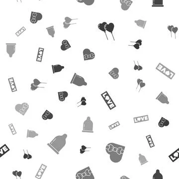 Set Balloons in form of heart, Candy shaped box, Love text and Condom on Stock-Illustration