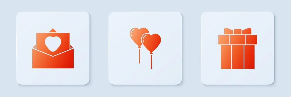 Set Balloons in form of heart, Envelope with Valentine and Gift box. White イラスト素材