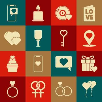 Set Balloons in form of heart, Gift box and, Map pointer with, Romantic music Stock Illustration