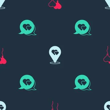 Set Balloons in form of heart, Location with and Heart speech bubble on seamless Stock Illustration