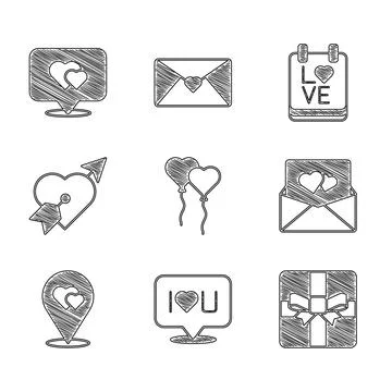Set Balloons in form of heart, Speech bubble text I love you, Gift box, Env.. Stock Illustration