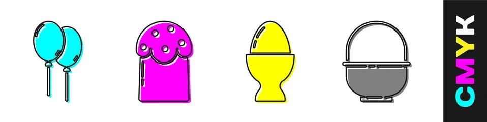 Set Balloons with ribbon, Easter cake, Easter egg on a stand and Basket icon Stock Illustration