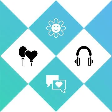 Set Balloons, Speech bubble chat, Flower and Headphones icon. Vector Illustrazione stock