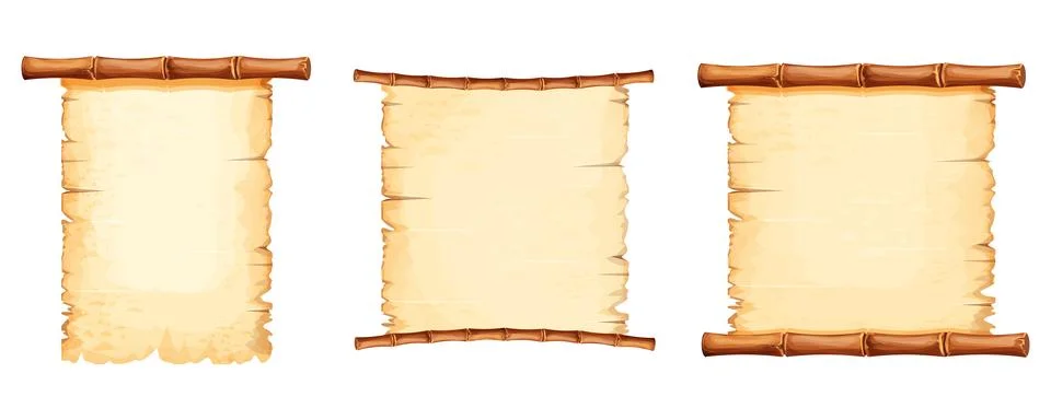 Set Bamboo frames with old parchment paper decorated with rope in cartoon style Illustrazione stock