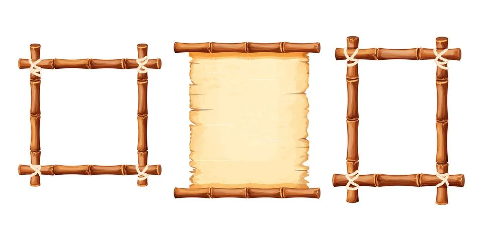 Set Bamboo frames with old parchment paper decorated with rope in cartoon style Stock Illustration