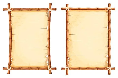 Set Bamboo frames with old parchment paper decorated with rope in cartoon style Stock Illustration