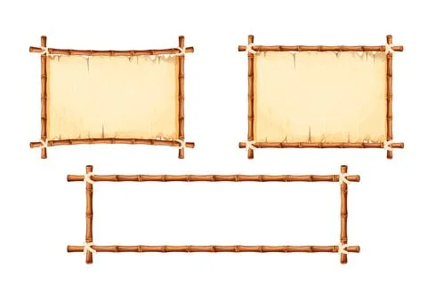 Set Bamboo frames with old parchment paper decorated with rope in cartoon style Stock Illustration