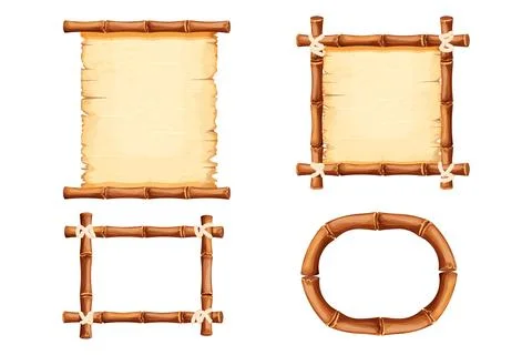 Set Bamboo frames with old parchment paper decorated with rope in cartoon style Illustrazione stock