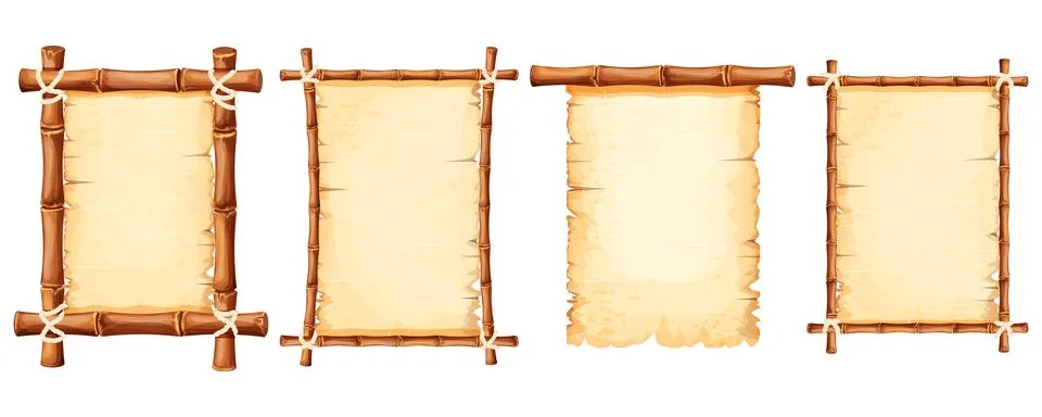 Set Bamboo frames with old parchment paper decorated with rope in cartoon style Stock Illustration