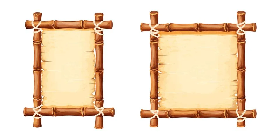 Set Bamboo frames with old parchment paper decorated with rope isolated on white Stock Illustration