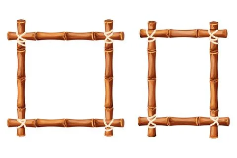 Set Bamboo frames from sticks and rope in cartoon style, borders isolated on Stock Illustration