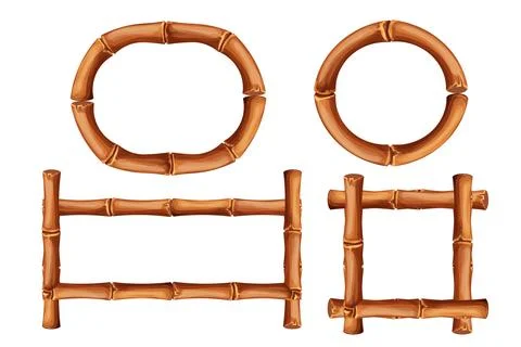 Set Bamboo frames from sticks and rope in cartoon style, borders isolated on Stock Illustration