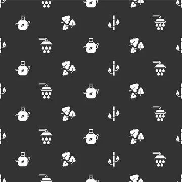 Set Bamboo, Shower, Teapot with leaf and Oak on seamless pattern. Vector 스톡 일러스트