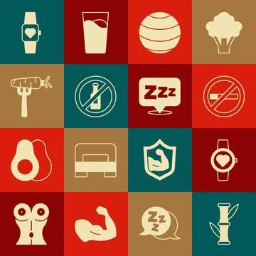 Set Bamboo, Smart watch, No Smoking, Fitness ball, alcohol, Carrot on fork,.. Stock Illustration
