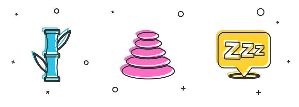 Set Bamboo, Stack hot stones and Sleepy icon. Vector Stock Illustration